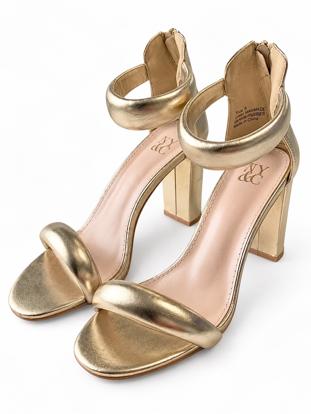 NY&C Metallic Gold Ankle Strap Block Heel Sandals Size 9